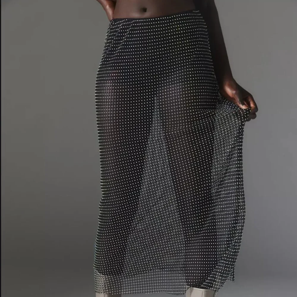 Silence + Noise Sheer Black Diamante Fishnet Maxi Skirt womens L - Picture 2 of 5